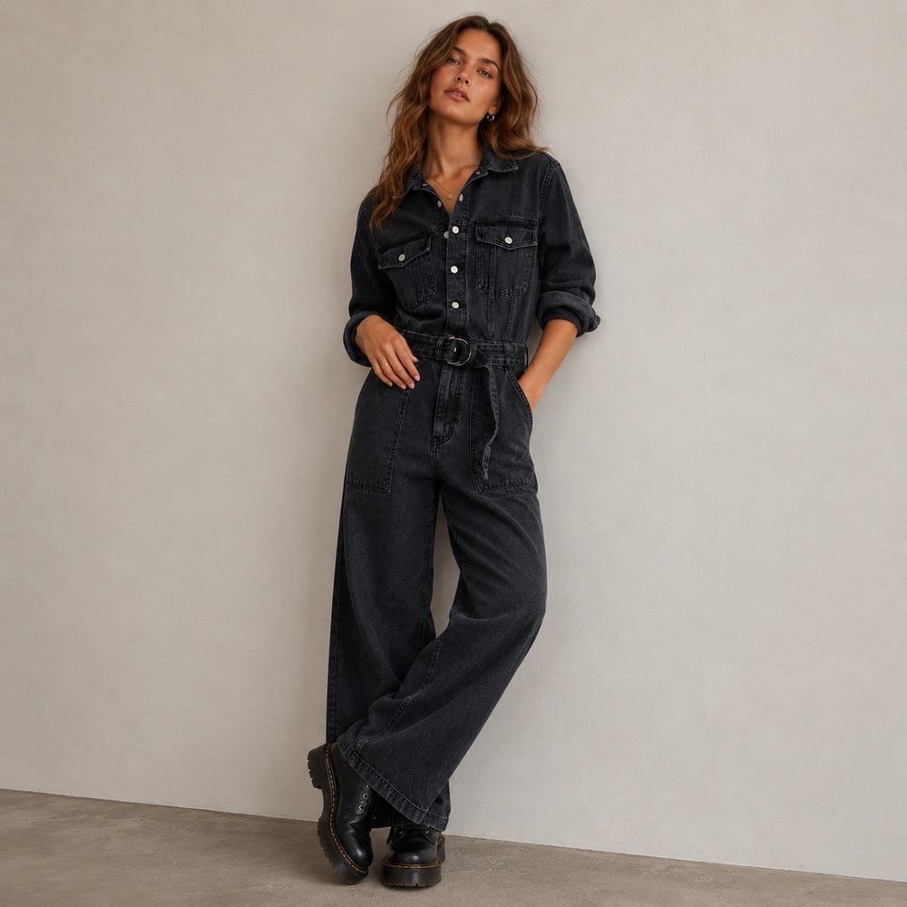 Abercrombie & Fitch Washed Black Denim Wide Leg Jumpsuit Sz MP NWT